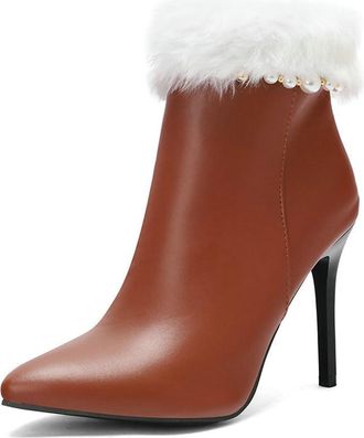 Generic Womens Winter Faux Fur Dressy Ankle Boots Pointed Toe Zipper Stiletto Heels Pumps Winter Casual Party Shoes (Brown,7.5)