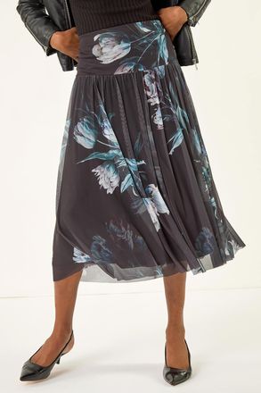 Roman Floral Print Mesh Layered Skirt