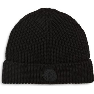 Moncler Logo Patch Cotton Rib Beanie in Black at Nordstrom