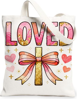 Generic ValentineS Day Hearts Canvas Tote Bags, Cute Love Bow Pattern Reusable Grocery Bags, Romantic Lightweight Washable Shoulde, White, 13x15 Inch
