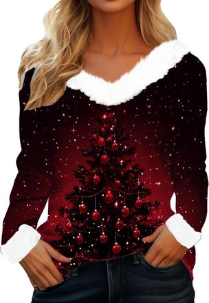 Generic Fluffy Christmas Jumpers for Women Fuzzy Faux Fur Trim Long Sleeve V Neck T Shirt Plush Collar Sweatshirt Xmas Pullover Tops, A02-Red, S