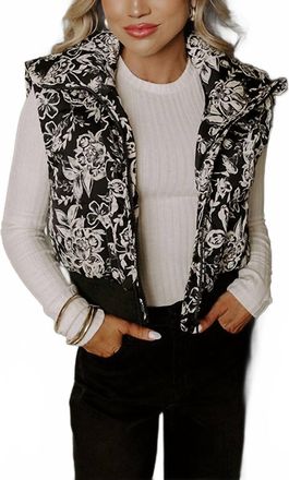 Merci Statement Floral Puffer Vest In Black