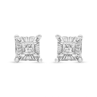 House of Brilliance 925 Sterling Silver 1/4 Cttw Miracle Set Princess-Cut Diamond Solitaire Stud Earrings with Hidden Halo