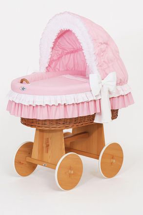 OEM Mois&eacute;s De Mimbre Bellamy Con Capota Plegable - Ropa De Cama Natural Y Rosa
