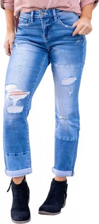 Flying Monkey High Rise Color Block Cuffed Boyfriend Jeans In Diligent