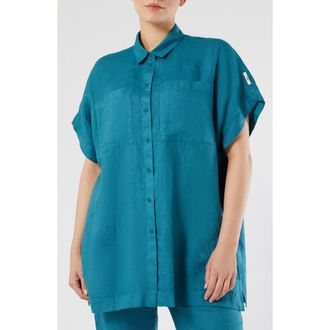 Marina Rinaldi Voyage Collection Linen Canvas Button-Up Tunic in Turquoise at Nordstrom, Size Xx-Large