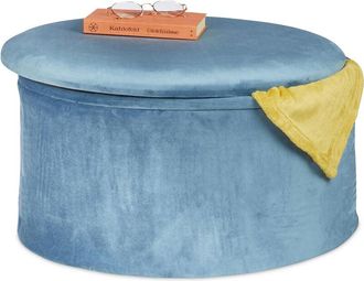 Relaxdays Ottoman with Storage Space, Velvet, Foldable, Upholstered, Round Velvet Stool, HxØ: 31 x 57 cm, Petrol Blue - Relaxdays