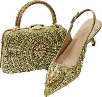 Generic Women Italian Butterfly Design Pointed Toe Shoes and Bag Set Elegant Party Office Work Suit Gold