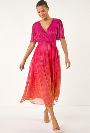 Roman Ombre Plisse Midi Wrap Dress