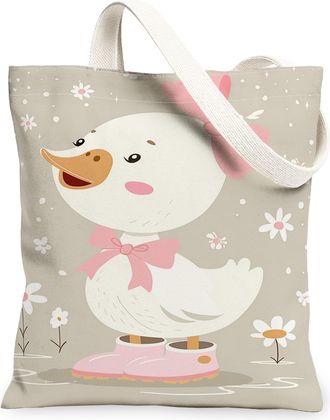 Generic Cute Duck Canvas Tote Bag, Fanciful Floral Pattern Reusable Grocery Bags, Spring Lightweight Washable Shoulder Strap Canvas, Gray, 13x15 Inch