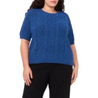 Halogen Fuzzy Cable Stitch Short Sleeve Crewneck Sweater in Mountain Blue at Nordstrom Rack, Size 3X