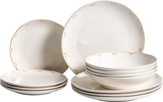 Beliani Vajilla De 12 Piezas De Porcelana Acabado Esmaltado Transparente Con Ribete Decorativo Blanco Y Dorado Charoli