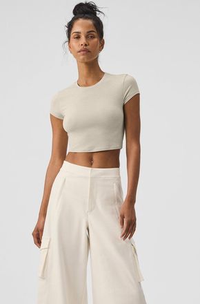 Alo Alosoft Crop Finesse Short Sleeve Top in Oatmeal Heather Beige, Size: Medium