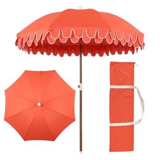 Jonathan Y Designs Horizon 6.5 ft. Classic MidCentury Scalloped Fringe Market Beach Umbrella with Push-Button Tilt in Coral Red - Dark Brown Pole at Nordstrom