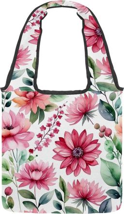 Generic Pink Flowers with Leaves Reversible Canvas Shoulder Tote - Double-Sided Print, 12oz Cotton, 27cm Drop, Fold-Flat Bag for Travel, Shopping, Street Outi