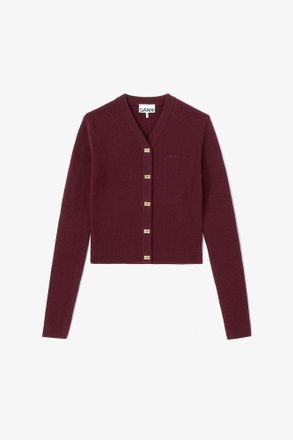 Ganni Dark Red Ribbed V-Neck Cardigan - Size XXS Wool