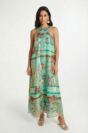 Wallis Womens Paisley Metallic Halterneck Maxi Dress - Turquoise - Size 18 UK