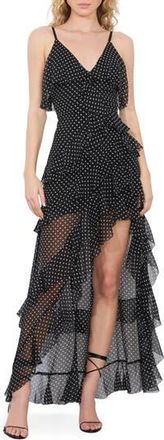 Alice & Olivia Laverne Lace Up Back Asymmetric Ruffle Maxi Dress in Tbd - Black With White Dots at Nordstrom Rack, Size 12