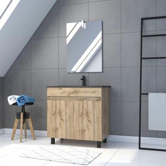 Aurlane Aurlane - Mueble De Ba&ntilde;o 80cm Con Pies 2 Puertas Acabado Roble - Lavabo Negro + Espejo Led - Timber 80- Pack23