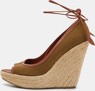 Sergio Rossi Brown Canvas Espadrille Wedge Ankle Tie Sandals