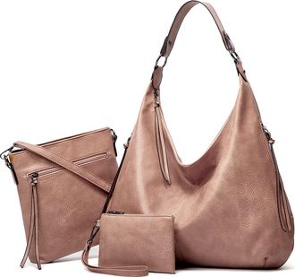 Generic Leather vintage style hobo lightweight handbag for women, zippered tote bag for women. (Pink Three-piece Suit)