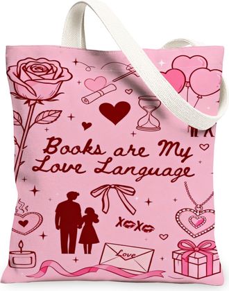 Generic ValentineS Day Heart Canvas Tote Bags, Cute Love Design Reusable Shopping Bags, Lightweight Washable Shoulder Strap Canvas, Peach, 13x15 Inch