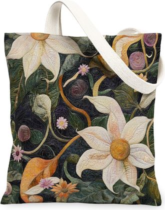 Generic Spring Clematis Flower Canvas Tote Bag for Shopping 13x15, Quilled Style Florals Reusable Grocery Print Bag for Women, Cool Aesthetic Beach Aesthetic 