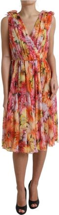 Dolce & Gabbana Zonnebloemprint Zijden A-lijn Midi Jurk - Dames - Casual kleedjes - Veelkleurig - 2XL - Nylon - Kleedjes