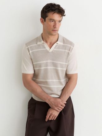 Reiss Oatmeal & white Merino Wool Striped-knit Polo Jumper, Xxl
