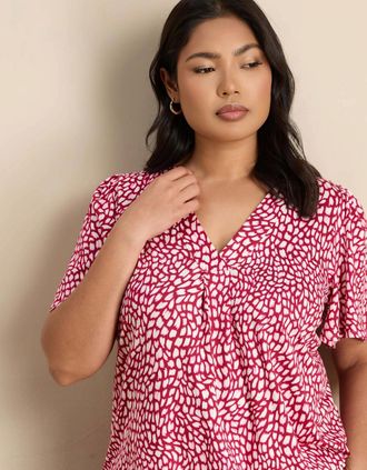 Live Unlimited London Womens Petite Pink Abstract Print Short Sleeve Jersey Top - Red - Size: 20