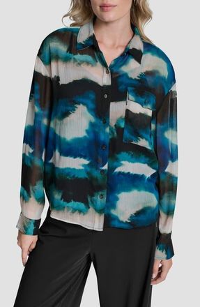 DKNY Print Long Sleeve Button-Up Chiffon Shirt in Marbled Ocean at Nordstrom, Size X-Small