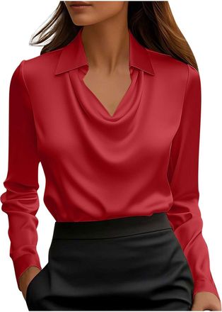 Generic Keepink Womens Long Sleeve Tops Elegant Cowl Neck Satin Blouse Dressy Business Casual Office Work Silk Shirt Elegant Ladies Tunic Top Loose Comfy Shir