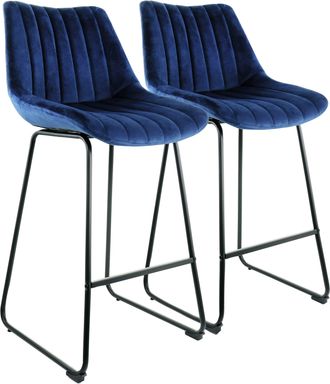 Elama 2 Piece Velvet Stripe Stitch Bar Chair in Royal Blue with Metal Legs