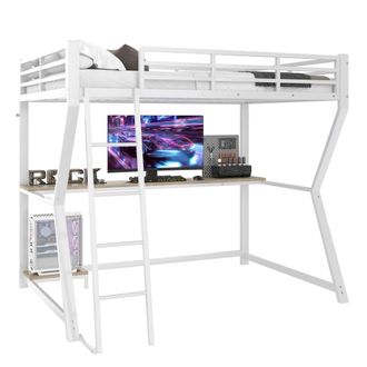 STILVORA Cama Alta Individual Con Escritorio, Estante Para Pc, Enchufe, Usb Y Led 90&times;200 Cm, Sin Colch&oacute;n, Blanca