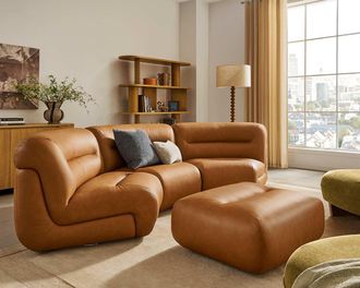 Castlery Tovi Leather Curve Sofa with Ottoman, Mocha for Living Room, Brown Leather, Castlery