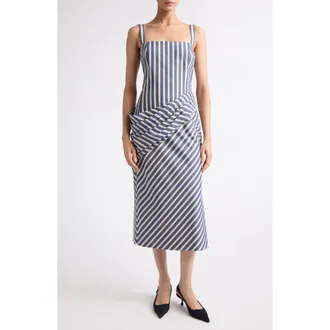 Carolina Herrera Stripe Draped Cotton Sundress in Blue Multi at Nordstrom, Size 10