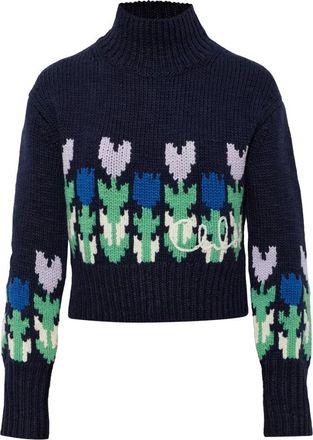 Chlo&eacute; Jersey de cuello alto de lana con motivo floral - Knitwear - Mujer - Azul - L
