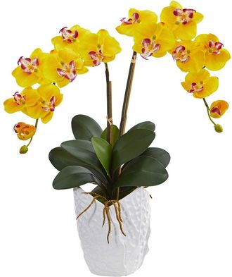 Nearly Natural Double Phalaenopsis Orchid Artificial Arrangement In White Ceramic Vase