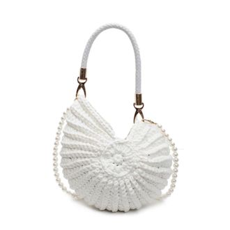 Generic Shell Bag Hand-Woven Shell Bag Unique Knitting Shoulder Handbag Summer Beach Accessory Chic Holiday Pearl Chain Sling Bags(White)