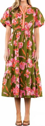 THML Clothing Puff Sleeve Flower Print Dress In Olive And Pink