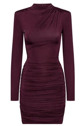 Rotate Wine High Neck Draped Long-Sleeve Mini Dress