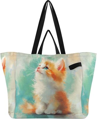Generic Cat Teal pattern Reusable Canvas Tote Bag, Heavy Duty Grocery Shopping Bag with Hard Bottom Large Capacity Double Handles Work Groceries Travel
