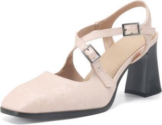 Generic Womens Square Toe Slingback Pumps Chunky Heel Double Ankle Strap Jacquard Fabric Cushioned Insole Comfortable Retro Style Dress Shoes for Daily Wear,P