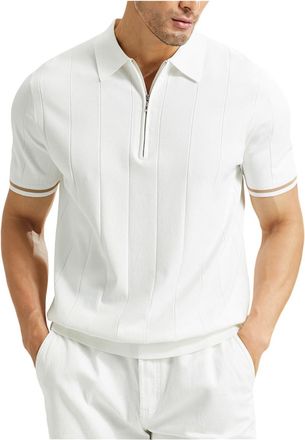 Generic Mens Solid Color Short Sleeve Striped Polo Shirt Moisture Wicking Goout Shirt Lapel Tee Top White