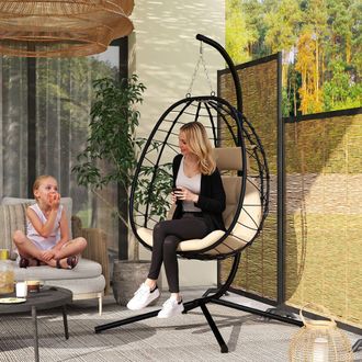 OUTSUNNY Garden Egg Chair Outdoor Hanging Swing Chair, Folding Basket in Brown