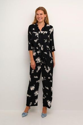 Kaffe Rutie 3/4 Sleeve Jumpsuit in Black/white Flower Print at Nordstrom, Size 10