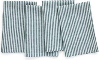 Solino Home Linen Dinner Napkins Set of 4, 20 x 20 Inch for Dining Table, Holiday and Everyday Table Decor - Narrow Stripe in Rainforest And White at