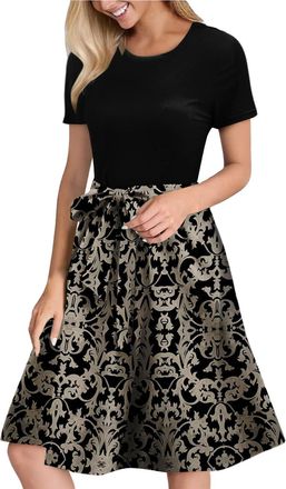 Generic Womens Floral Summer Dress with Belt - Modest Midi Length Sun Dresses, Crew Neck Short Sleeve, Colour Block Tunic Dress | Elastic Waist-Defining Desig