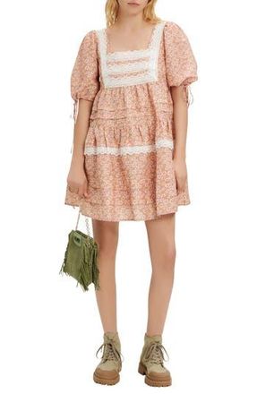 Maje Radola Floral Print Lace Detail Linen Blend Dress in Pink Daisy at Nordstrom Rack, Size 2 Us / 34 Fr
