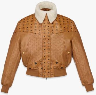 MCM Shearling Bomber Jacket in Visetos Leather Mix in Cognac at Nordstrom, Size Medium It